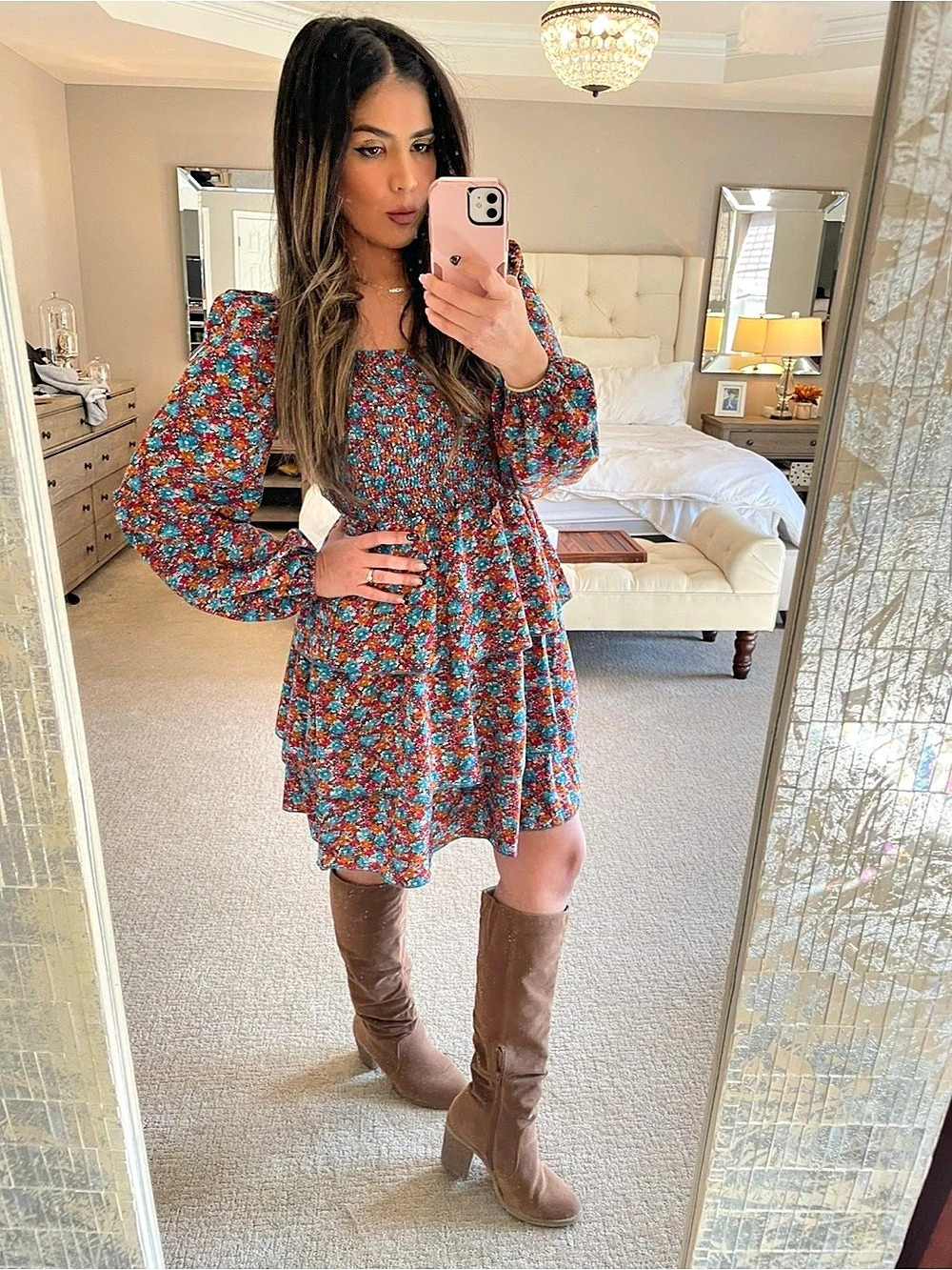 Fall Floral Long Sleeve Mini Dress Blue & Red